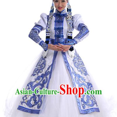 Chinese Mongol Nationality Minority Stage Performance Costumes Mongolian Ethnic Bride White Dress Outfits