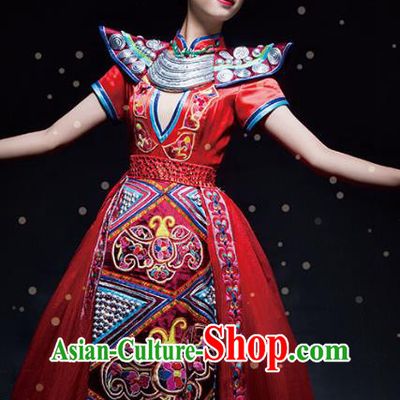 Chinese Yao Nationality Minority Wedding Costumes Ethnic Woman Stage Performance Red Dress Outfits
