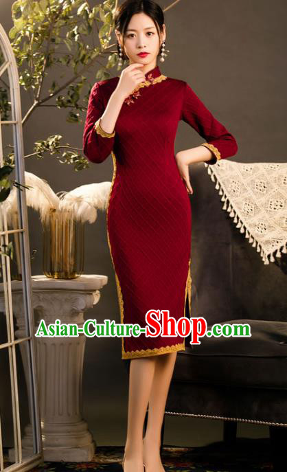 Chinese Traditional Wine Red Knitted Cheongsam Classical Wedding Women Qipao Dress Chinese Traditional Wine Red Knitted Cheongsam Classical Wedding Women Qipao Dress