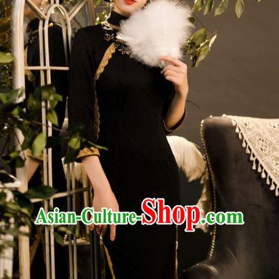 Chinese Classical Dance Women Qipao Dress Traditional Knitted Black Cheongsam