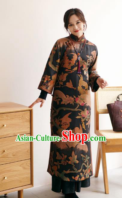 China Female Printing Long Cheongsam Winter Black Silk Qipao Dress China Female Printing Long Cheongsam Winter Black Silk Qipao Dress