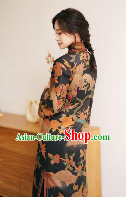 China Female Printing Long Cheongsam Winter Black Silk Qipao Dress China Female Printing Long Cheongsam Winter Black Silk Qipao Dress