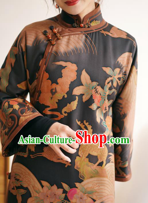 China Female Printing Long Cheongsam Winter Black Silk Qipao Dress China Female Printing Long Cheongsam Winter Black Silk Qipao Dress