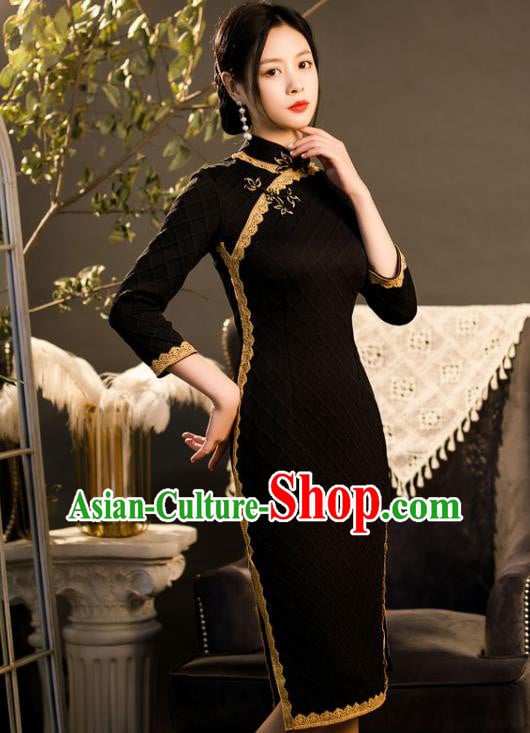Chinese Classical Dance Women Qipao Dress Traditional Knitted Black Cheongsam Chinese Classical Dance Women Qipao Dress Traditional Knitted Black Cheongsam