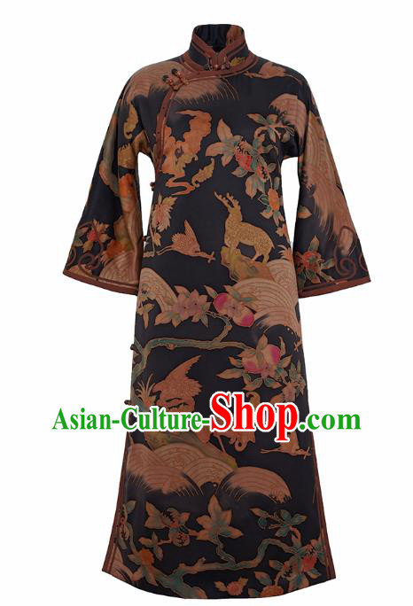 China Female Printing Long Cheongsam Winter Black Silk Qipao Dress China Female Printing Long Cheongsam Winter Black Silk Qipao Dress