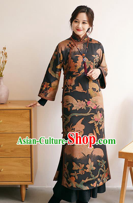 China Female Printing Long Cheongsam Winter Black Silk Qipao Dress China Female Printing Long Cheongsam Winter Black Silk Qipao Dress