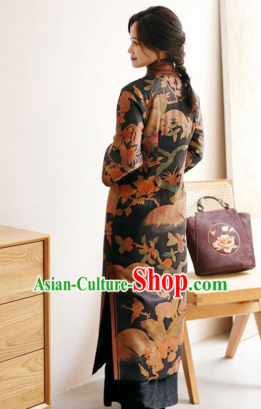 China Female Printing Long Cheongsam Winter Black Silk Qipao Dress China Female Printing Long Cheongsam Winter Black Silk Qipao Dress