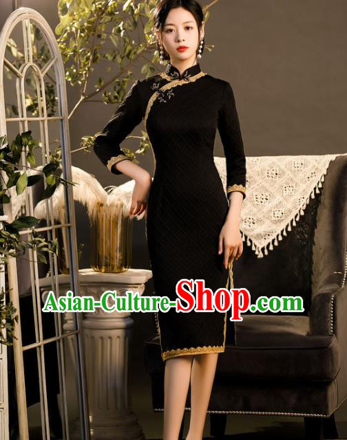 Chinese Classical Dance Women Qipao Dress Traditional Knitted Black Cheongsam Chinese Classical Dance Women Qipao Dress Traditional Knitted Black Cheongsam