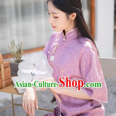 Chinese Traditional Clothing Purple Brocade Cheongsam National Young Lady Qipao Dress