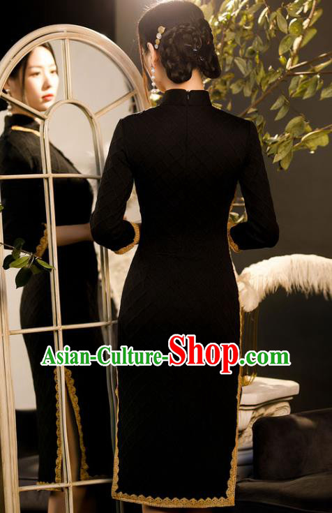 Chinese Classical Dance Women Qipao Dress Traditional Knitted Black Cheongsam Chinese Classical Dance Women Qipao Dress Traditional Knitted Black Cheongsam