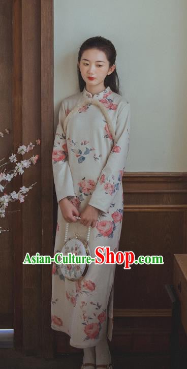 Chinese Traditional Classical Cheongsam Clothing National Printing Beige Qipao Dress