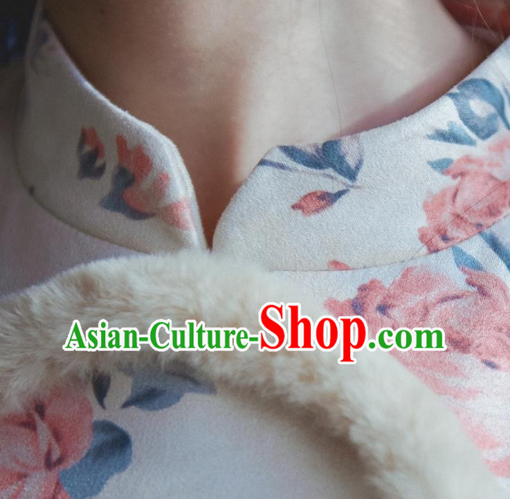 Chinese Traditional Classical Cheongsam Clothing National Printing Beige Qipao Dress