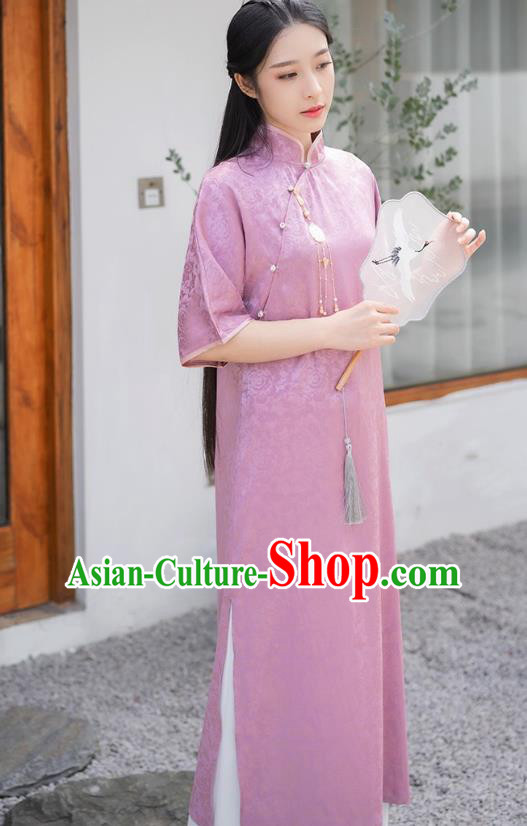 Chinese Traditional Clothing Purple Brocade Cheongsam National Young Lady Qipao Dress Chinese Traditional Clothing Purple Brocade Cheongsam National Young Lady Qipao Dress