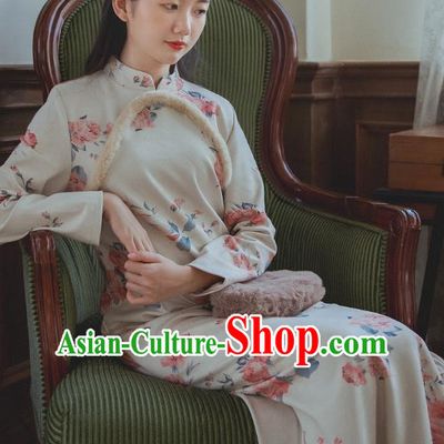 Chinese Traditional Classical Cheongsam Clothing National Printing Beige Qipao Dress
