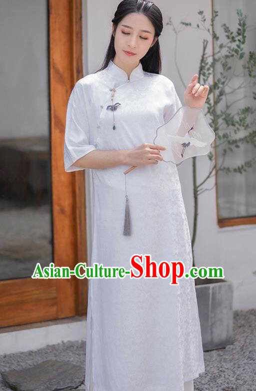 Chinese National Young Lady Qipao Dress Traditional Clothing White Brocade Cheongsam Chinese National Young Lady Qipao Dress Traditional Clothing White Brocade Cheongsam
