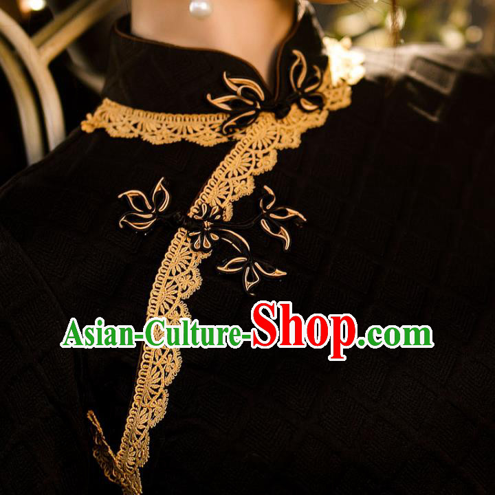 Chinese Classical Dance Women Qipao Dress Traditional Knitted Black Cheongsam Chinese Classical Dance Women Qipao Dress Traditional Knitted Black Cheongsam