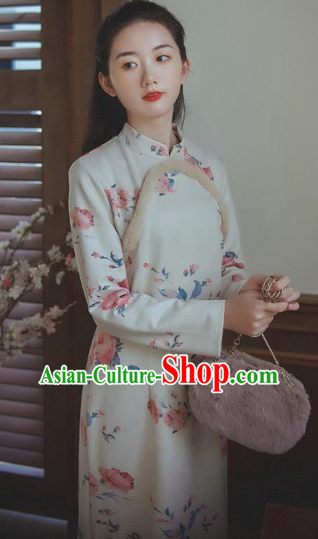 Chinese Traditional Classical Cheongsam Clothing National Printing Beige Qipao Dress