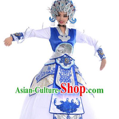 China Beijing Opera Stage Performance Actress Costume Traditional Peking Opera Blues White Dress