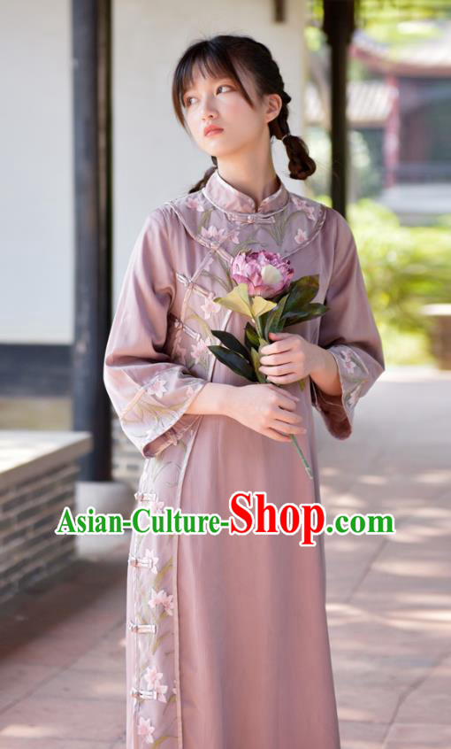 Chinese National Embroidered Qipao Dress Traditional Clothing Young Lady Pink Cheongsam Chinese National Embroidered Qipao Dress Traditional Clothing Young Lady Pink Cheongsam