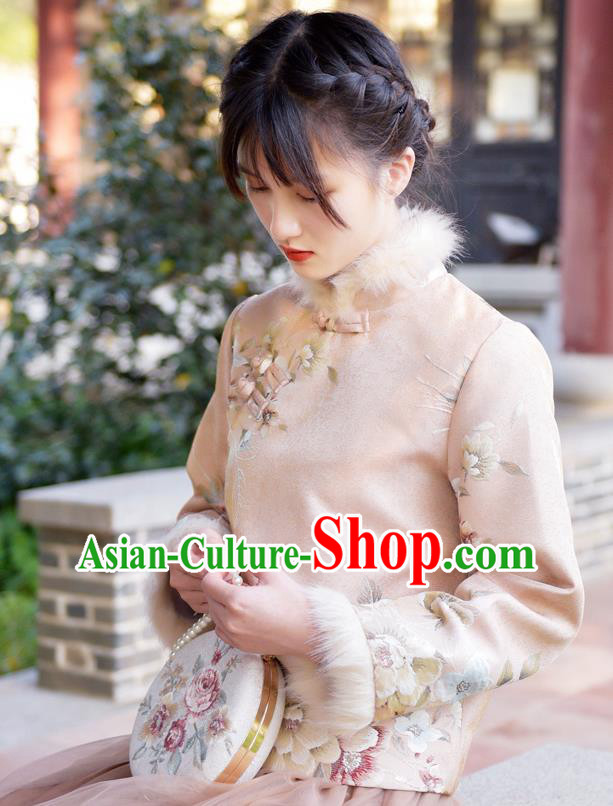 China Classical Cheongsam Upper Outer Garment Traditional Tang Suit Embroidered Beige Jacket China Classical Cheongsam Upper Outer Garment Traditional Tang Suit Embroidered Beige Jacket