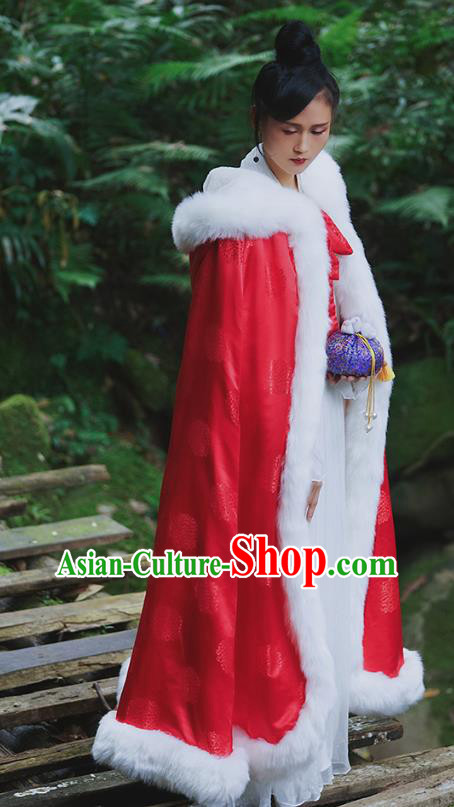 Chinese Traditional Winter Red Satin Long Cape Ancient Princess Cloak Clothing Chinese Traditional Winter Red Satin Long Cape Ancient Princess Cloak Clothing