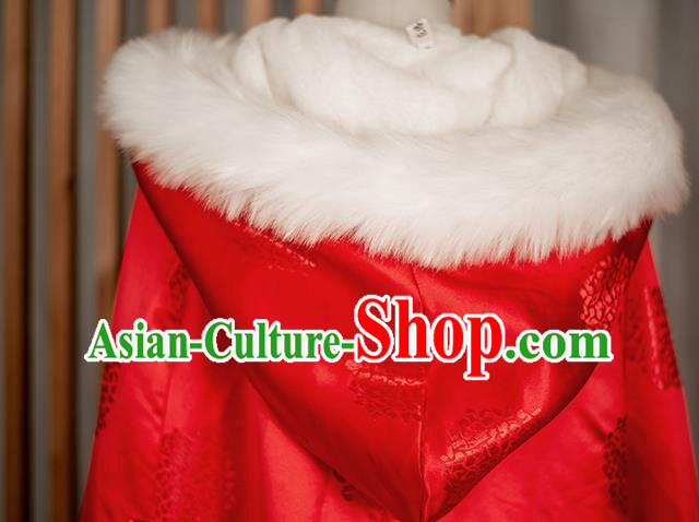 Chinese Traditional Winter Red Satin Long Cape Ancient Princess Cloak Clothing Chinese Traditional Winter Red Satin Long Cape Ancient Princess Cloak Clothing