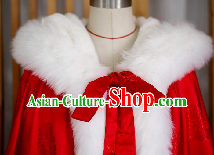 Chinese Traditional Winter Red Satin Long Cape Ancient Princess Cloak Clothing Chinese Traditional Winter Red Satin Long Cape Ancient Princess Cloak Clothing