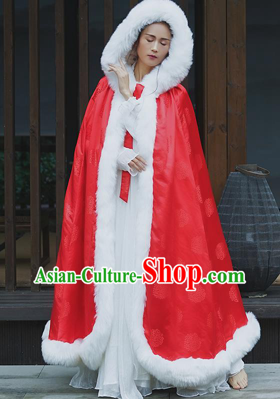 Chinese Traditional Winter Red Satin Long Cape Ancient Princess Cloak Clothing Chinese Traditional Winter Red Satin Long Cape Ancient Princess Cloak Clothing