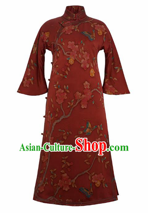 China Long Cheongsam Classical Pear Blossom Pattern Red Silk Qipao Dress China Long Cheongsam Classical Pear Blossom Pattern Red Silk Qipao Dress
