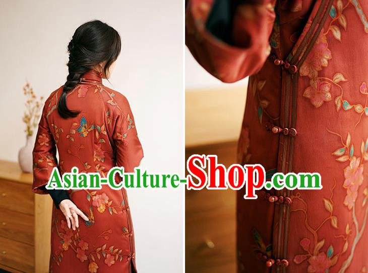 China Long Cheongsam Classical Pear Blossom Pattern Red Silk Qipao Dress China Long Cheongsam Classical Pear Blossom Pattern Red Silk Qipao Dress
