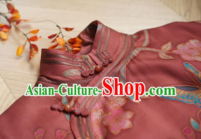 China Long Cheongsam Classical Pear Blossom Pattern Red Silk Qipao Dress China Long Cheongsam Classical Pear Blossom Pattern Red Silk Qipao Dress
