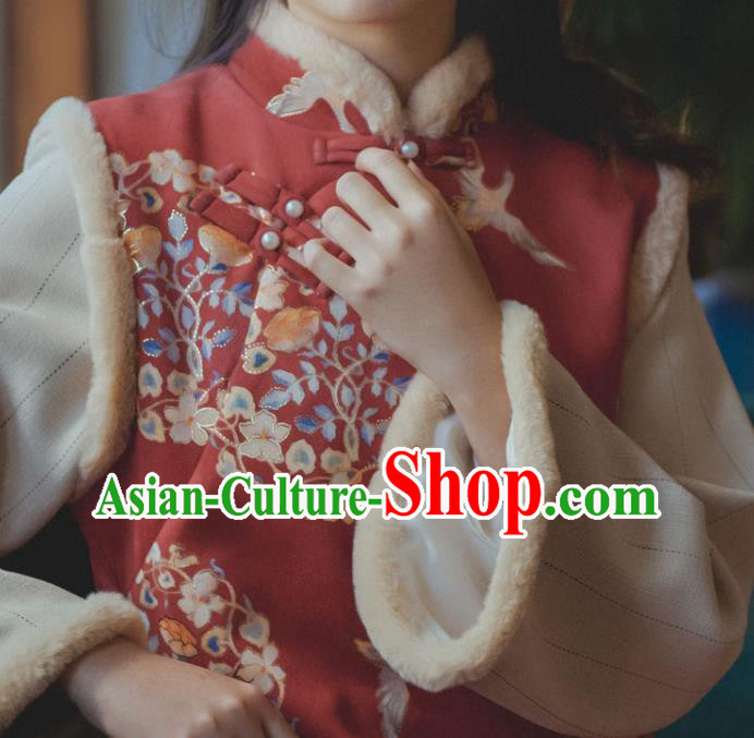Chinese National Shanghai Lady Sleeveless Qipao Dress Traditional Winter Red Woolen Cheongsam Clothing Chinese National Shanghai Lady Sleeveless Qipao Dress Traditional Winter Red Woolen Cheongsam Clothing