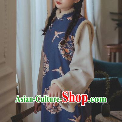 Chinese Traditional Winter Printing Blue Woolen Cheongsam Clothing National Young Lady Sleeveless Qipao Dress
