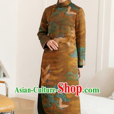 China Winter Tang Suit Outer Garment National Ginger Silk Dust Coat Women Cotton Wadded Coat