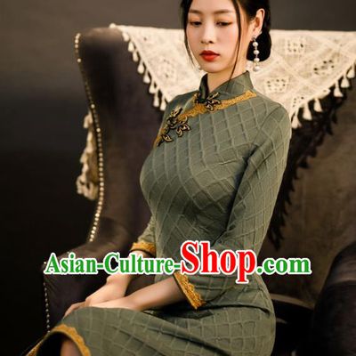 Chinese Traditional Stage Performance Knitted Green Cheongsam Classical Dance Qipao Dress