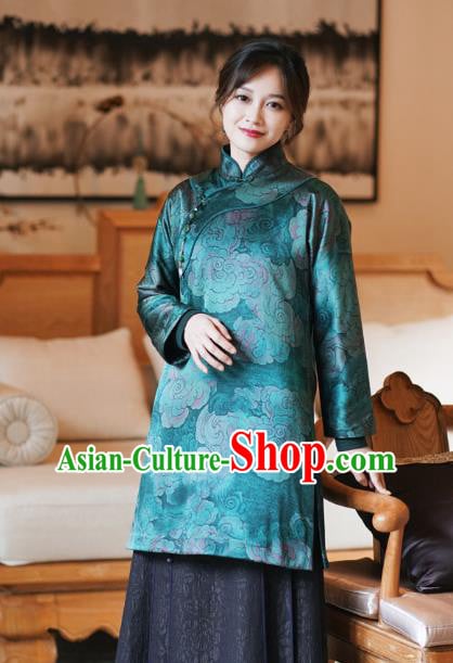China Classical Clouds Pattern Green Silk Qipao Dress Winter Long Cheongsam China Classical Clouds Pattern Green Silk Qipao Dress Winter Long Cheongsam