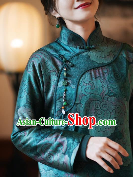 China Classical Clouds Pattern Green Silk Qipao Dress Winter Long Cheongsam China Classical Clouds Pattern Green Silk Qipao Dress Winter Long Cheongsam