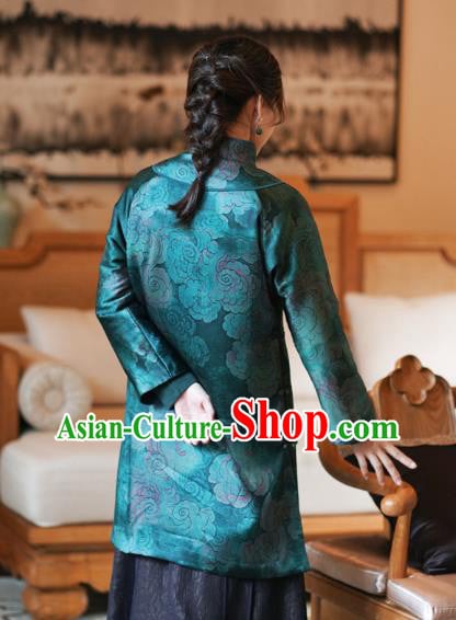 China Classical Clouds Pattern Green Silk Qipao Dress Winter Long Cheongsam China Classical Clouds Pattern Green Silk Qipao Dress Winter Long Cheongsam