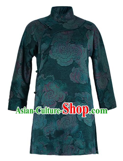 China Classical Clouds Pattern Green Silk Qipao Dress Winter Long Cheongsam China Classical Clouds Pattern Green Silk Qipao Dress Winter Long Cheongsam