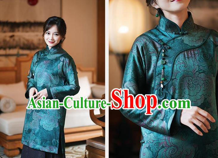 China Classical Clouds Pattern Green Silk Qipao Dress Winter Long Cheongsam China Classical Clouds Pattern Green Silk Qipao Dress Winter Long Cheongsam