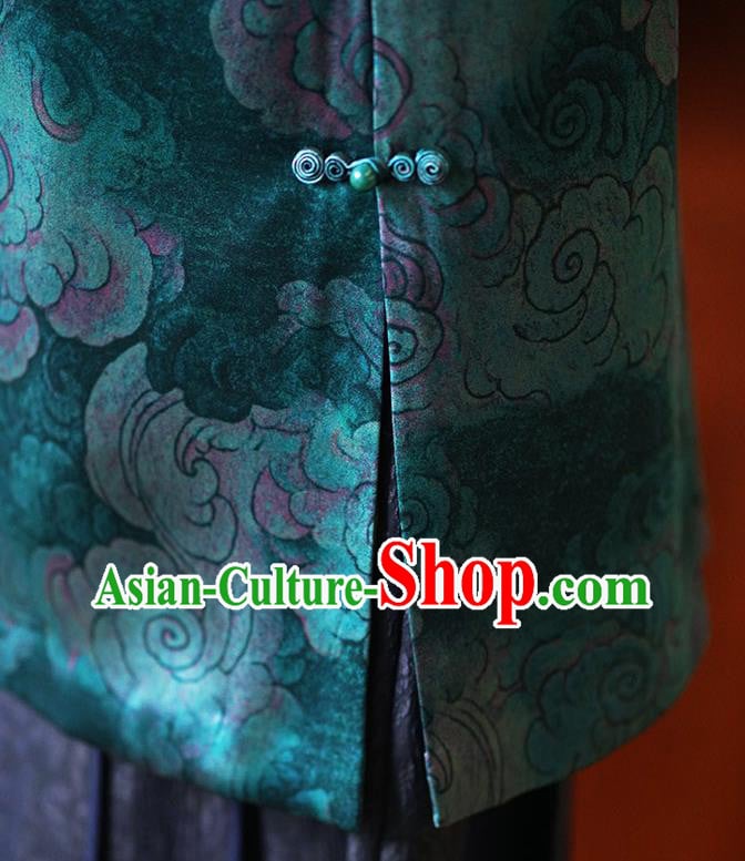 China Classical Clouds Pattern Green Silk Qipao Dress Winter Long Cheongsam China Classical Clouds Pattern Green Silk Qipao Dress Winter Long Cheongsam