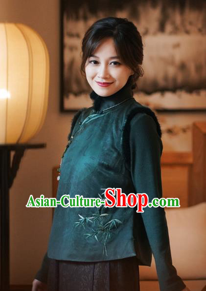 Chinese Classical Embroidered Bamboo Green Silk Vest National Women Tang Suit Waistcoat Chinese Classical Embroidered Bamboo Green Silk Vest National Women Tang Suit Waistcoat