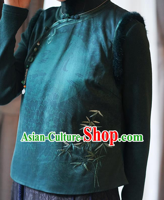 Chinese Classical Embroidered Bamboo Green Silk Vest National Women Tang Suit Waistcoat Chinese Classical Embroidered Bamboo Green Silk Vest National Women Tang Suit Waistcoat