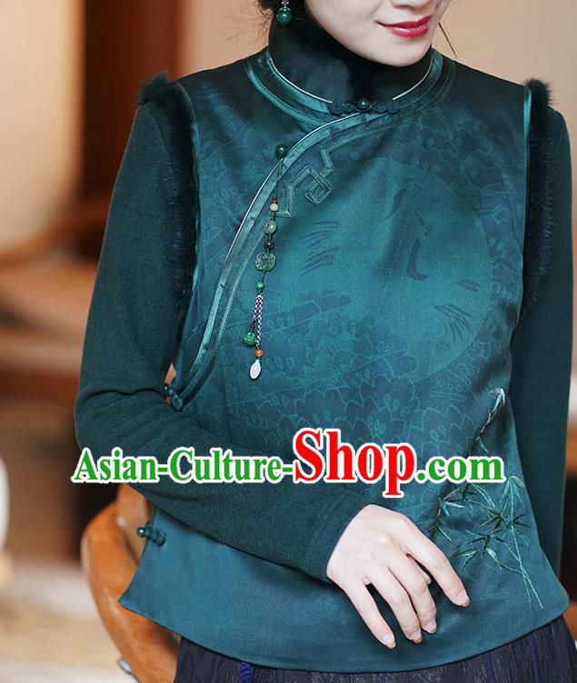Chinese Classical Embroidered Bamboo Green Silk Vest National Women Tang Suit Waistcoat Chinese Classical Embroidered Bamboo Green Silk Vest National Women Tang Suit Waistcoat
