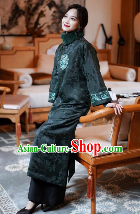 China National Cotton Wadded Coat Classical Embroidered Peony Dark Green Silk Gown Tang Suit Overcoat China National Cotton Wadded Coat Classical Embroidered Peony Dark Green Silk Gown Tang Suit Overcoat
