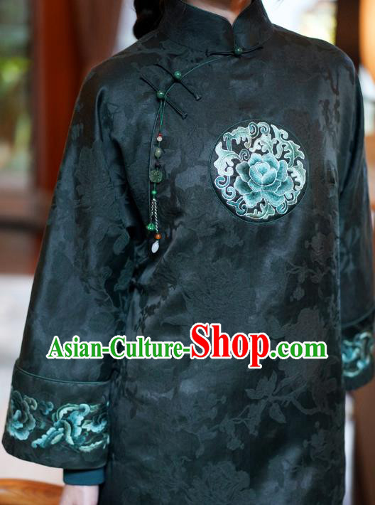 China National Cotton Wadded Coat Classical Embroidered Peony Dark Green Silk Gown Tang Suit Overcoat China National Cotton Wadded Coat Classical Embroidered Peony Dark Green Silk Gown Tang Suit Overcoat