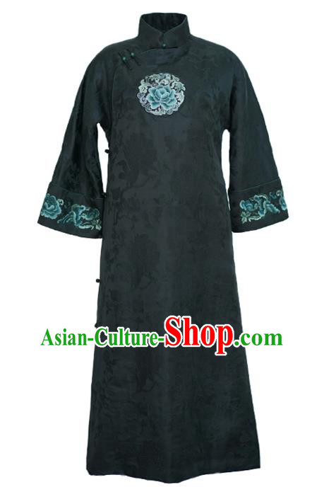 China National Cotton Wadded Coat Classical Embroidered Peony Dark Green Silk Gown Tang Suit Overcoat China National Cotton Wadded Coat Classical Embroidered Peony Dark Green Silk Gown Tang Suit Overcoat
