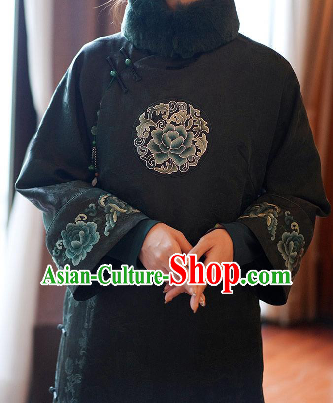 China National Cotton Wadded Coat Classical Embroidered Peony Dark Green Silk Gown Tang Suit Overcoat China National Cotton Wadded Coat Classical Embroidered Peony Dark Green Silk Gown Tang Suit Overcoat