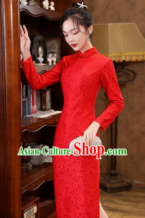 Chinese Classical Wedding Red Lace Qipao Dress Traditional National Costume Bride Cheongsam Chinese Classical Wedding Red Lace Qipao Dress Traditional National Costume Bride Cheongsam