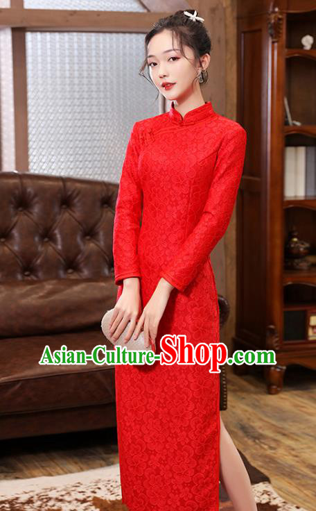 Chinese Classical Wedding Red Lace Qipao Dress Traditional National Costume Bride Cheongsam Chinese Classical Wedding Red Lace Qipao Dress Traditional National Costume Bride Cheongsam